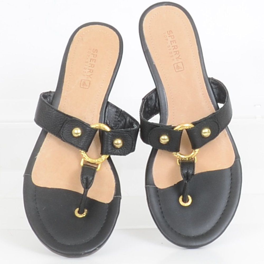 NEW Sperry Top Sider Black Leather Wedge Thong Flat Sandals Size 7